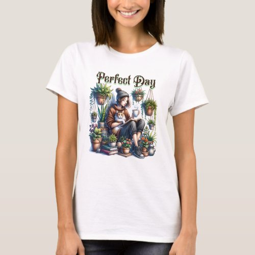 Perfect Day  Girl Reading with Cat and Plants T_Shirt