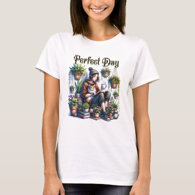 Perfect Day | Girl Reading with Cat and Plants T-Shirt (Front)