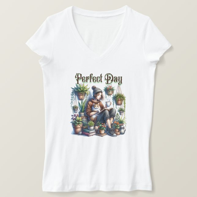 Perfect Day | Girl Reading with Cat and Plants T-Shirt (Design Front)