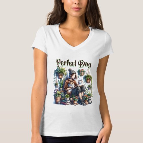 Perfect Day  Girl Reading with Cat and Plants T_Shirt