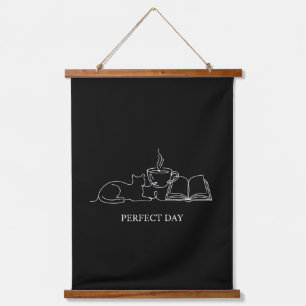 Perfect Day Minimalist Cat Book & Coffee Line Art Hanging Tapestry
