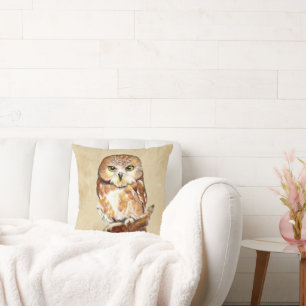 Perfect for bold, cozy spaces Owl Watercolor Print Throw Pillow