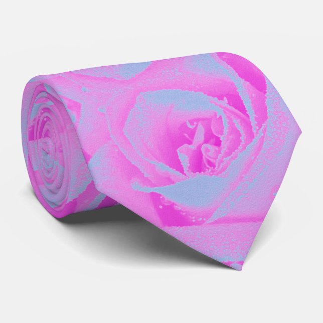 Perfect Hot Pink and Light Blue Rose Detail Neck Tie (Rolled)