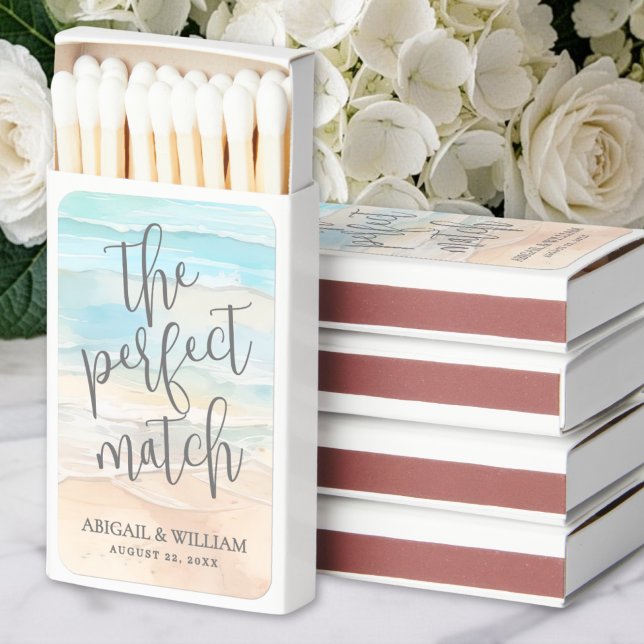 Perfect Match Beach Wedding Matchboxes (Watercolor Beach Wedding Matchboxes)