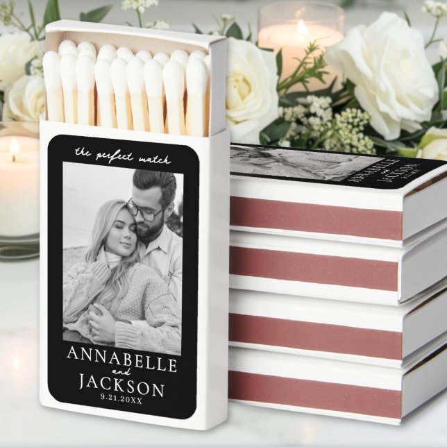 Perfect Match Black And White Wedding Matchboxes (Perfect Match Couple Photo Wedding Matchboxes)