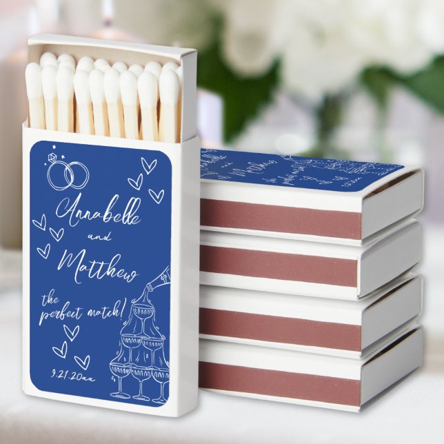 Perfect Match Bright Blue Wedding Matchbox (Perfect Match Drawn Blue Wedding Matchbox Favors)