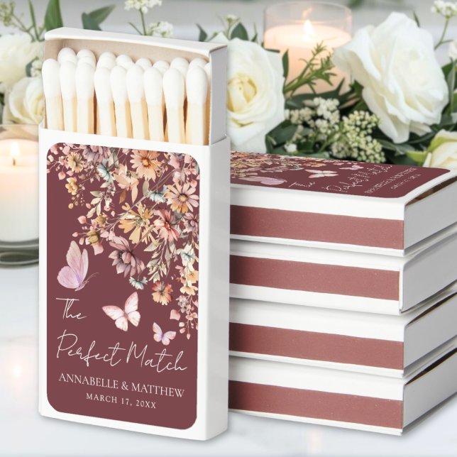 Perfect Match Burgundy Floral Wedding Matchboxes (Perfect Match Burgundy Wedding Favor Matchboxes)