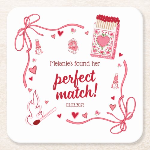 Perfect Match Coquette Bridal Shower Personalized Square Paper Coaster