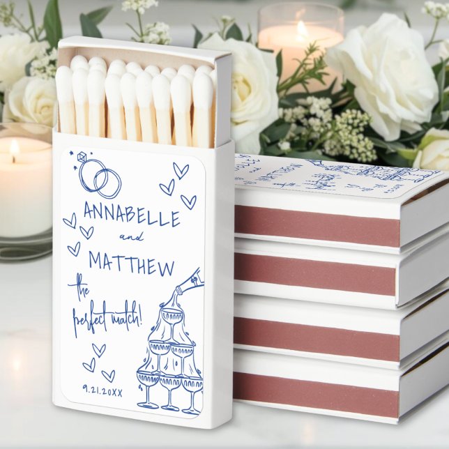 Perfect Match Drawn Blue Wedding Matchbox Favors (Perfect Match Drawn Blue Wedding Matchbox Favors)