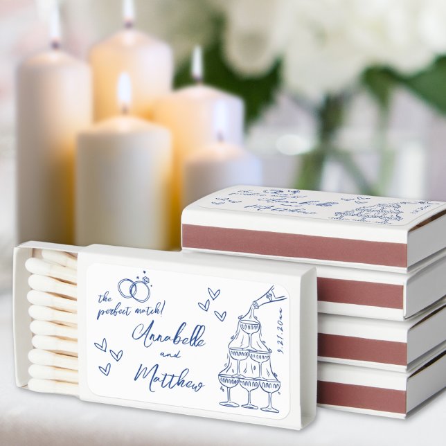 Perfect Match Drawn Blue Wedding Matchbox Favors (Perfect Match Drawn Blue Wedding Matchbox Favors)