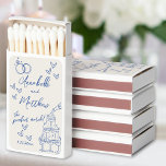 Perfect Match Drawn Vintage Blue Wedding Matches<br><div class="desc">European-Inspired Blue and White Playful The Perfect Match Hand-Drawn Wedding Matchbox Favors. These charming matchboxes feature a whimsical design with delicate heart accents, intertwined wedding rings, and a delightful champagne tower, all styled in a timeless blue and white palette reminiscent of Italian, French, and European aesthetics. Set against an off-white...</div>
