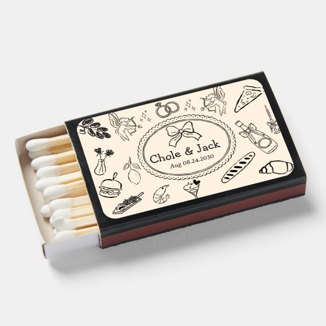 Perfect Match Drawn Vintage Wedding Matchbox Favor (Front Open)