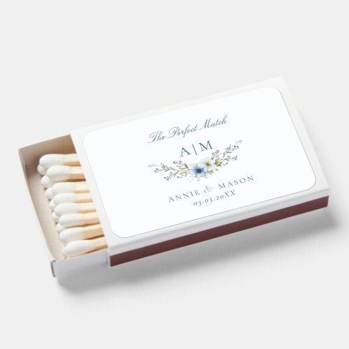 Perfect Match! Elegant Monogram Dusty Blue Wedding Matchboxes