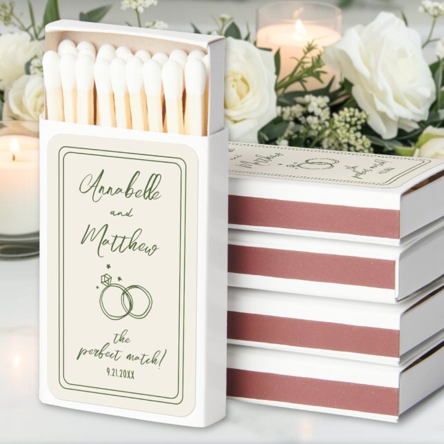 Perfect Match Green Retro Wedding Matchbox (Hand Drawn Perfect Match Retro Wedding Matchbox )