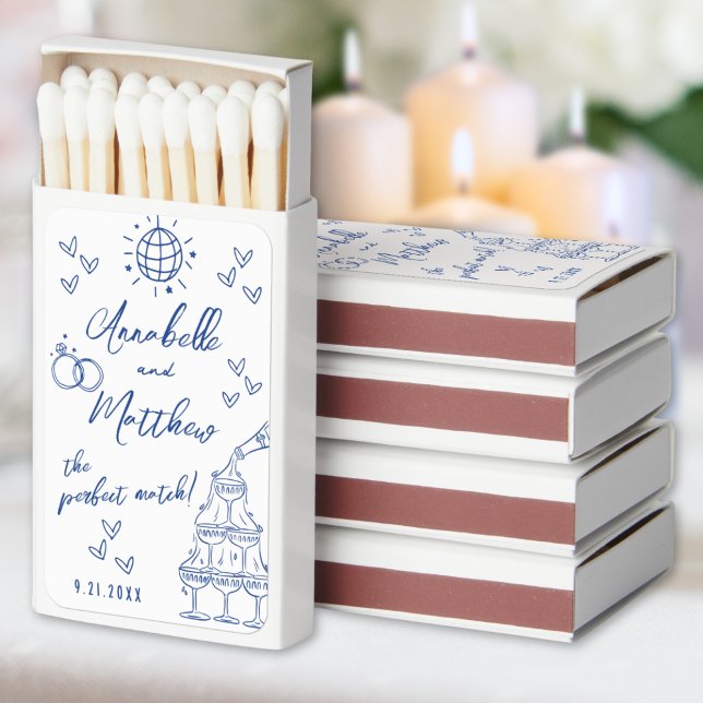 Perfect Match Hand Drawn Blue Wedding Matchbox (Perfect Match Drawn Blue Wedding Matchbox Favors)