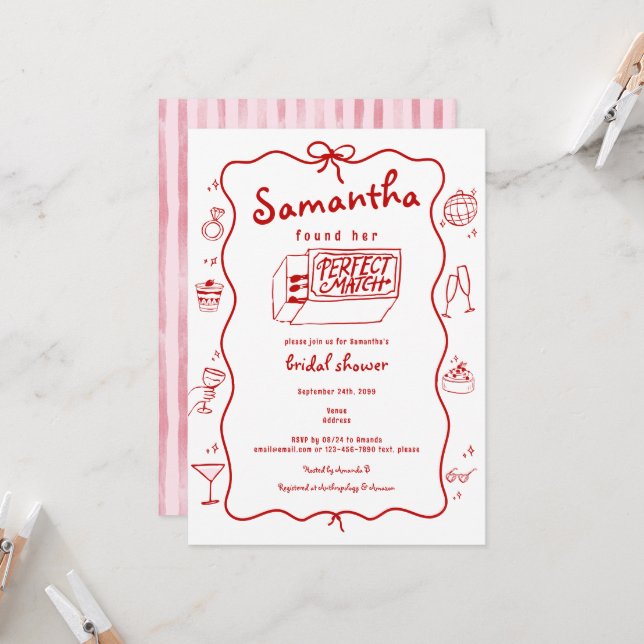 Perfect Match Hand Drawn Coquette Bridal Shower Invitation (Front/Back In Situ)
