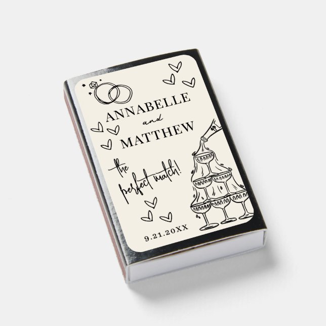 Perfect Match Hand Drawn Vintage Wedding Matchbox (Front Closed)