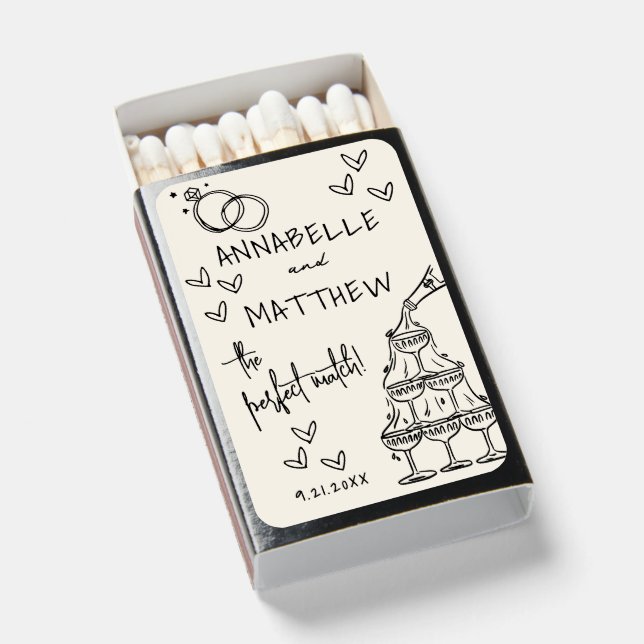 Perfect Match Hand Drawn Vintage Wedding Matchbox (Front Open)
