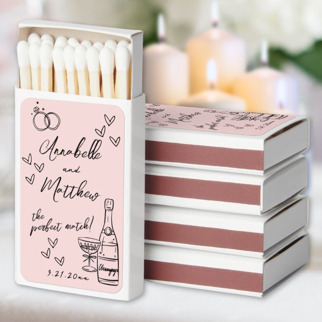Perfect Match Hand Drawn Wedding Matchboxes (Perfect Match Pink Hand Drawn Wedding Matchboxes)