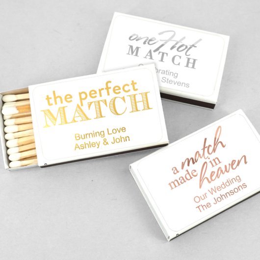 Perfect Match Metallic Foil White Matchboxes (Front)