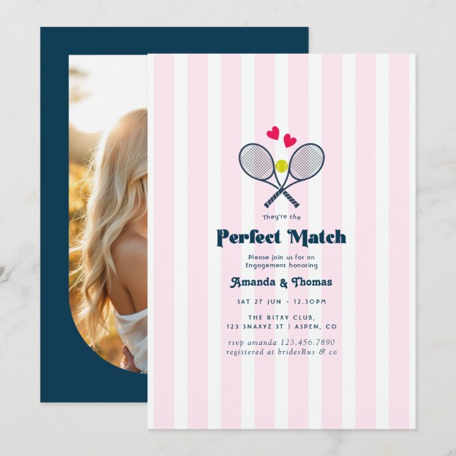 Perfect Match Preppy Tennis Engagement Party Photo Invitation (Front/Back)
