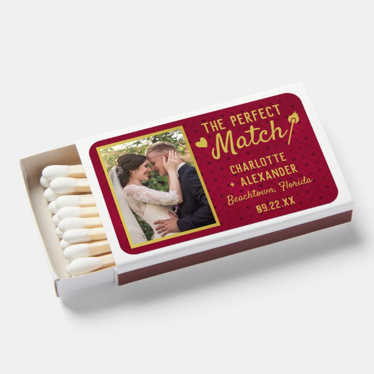 Perfect Match Wedding Photo Burgundy Gold Favors | Zazzle