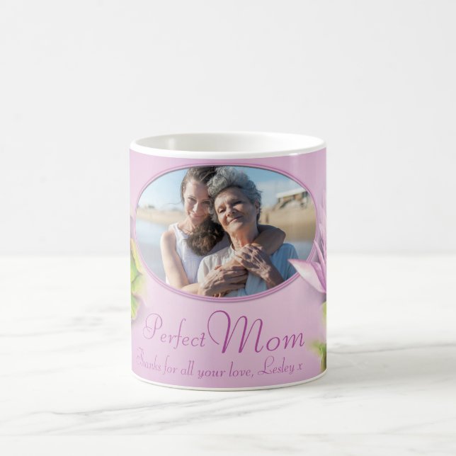 Perfect mom water lily photo and kids name mug (Center)