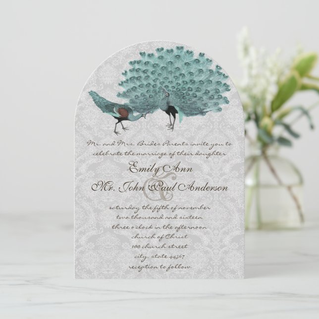 Perfect Pair Aqua Gray Peacock Metallic Elegance Invitation (Standing Front)