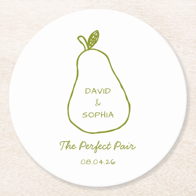 Perfect Pair - Chic Pear Illustration Cute Wedding Round Paper Coaster (Front)