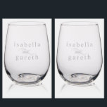 Perfect Pair Engagement Gifts Names Personalized  Stemless Wine Glass<br><div class="desc">Celebrate your engagement with this Perfect Pair Personalized Stemless Wine Glass set. Each elegant glass is custom engraved with your names and date, creating a timeless keepsake. Crafted from premium, lead-free glass, these contemporary stemless wine glasses offer a sophisticated way to toast to love. Perfect for newly engaged couples, bridal...</div>