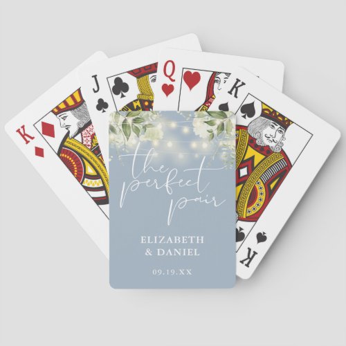 Perfect Pair Greenery Lights Dusty Blue Wedding Poker Cards