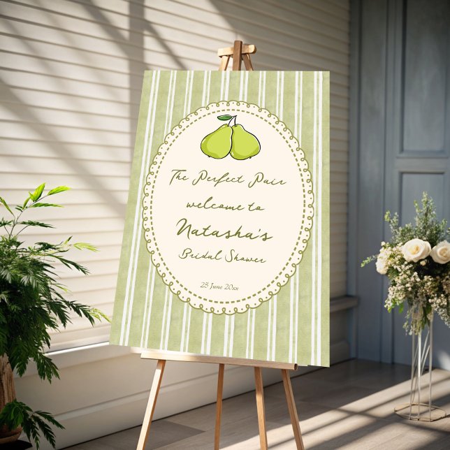 Perfect pair pear bridal shower welcome sign (Perfect pair pear bridal shower personalized welcome sign board preppy retro sage green stripes )