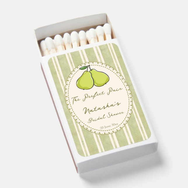 Perfect pair sage green pear bridal shower favors matchboxes (Front Open)
