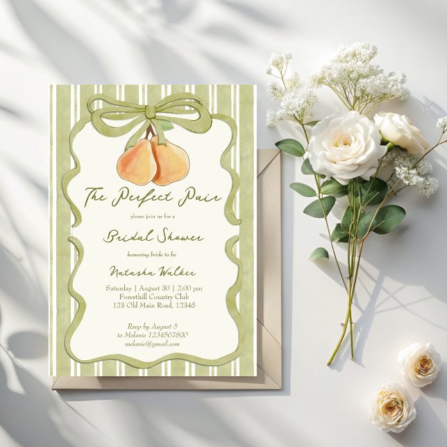 Perfect pair sage green stripe pear bridal shower invitation (Perfect pair sage green stripes pear bridal shower invitation cards template retro preppy invites)