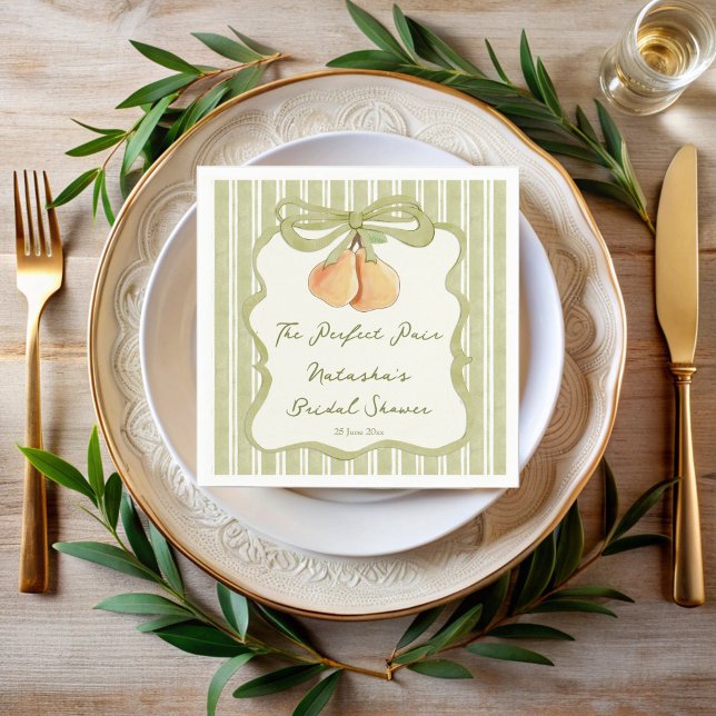 Perfect pair sage green stripe pear bridal shower napkins (Perfect pair sage green retro stripes pear bridal shower monogrammed napkins preppy wavy ribbon)