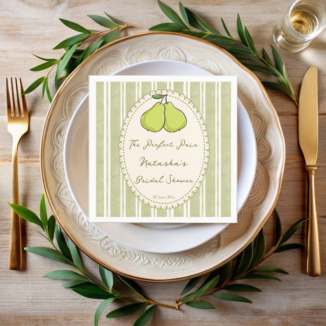 Perfect pair sage green stripe pear bridal shower napkins (Perfect pair sage green stripes pear bridal shower personalized napkins)