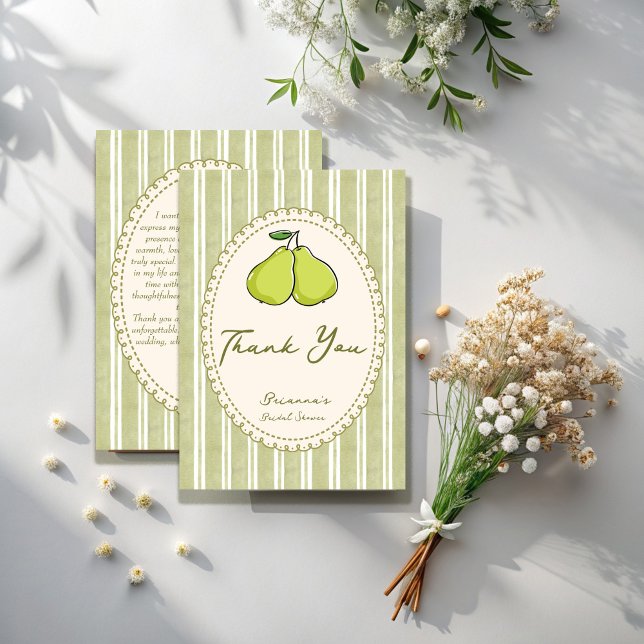 Perfect pair sage green stripe pear bridal shower thank you card (Perfect pair sage green stripes vintage retro pear bridal shower thank you cards)