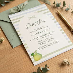 Perfect Pair Sage Green Stripes Bow Bridal Shower Invitation