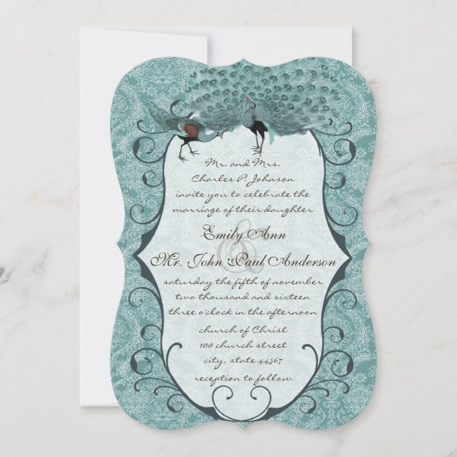 Perfect Pair Sea Blue Damask Peacock Elegance Invitation (Front)