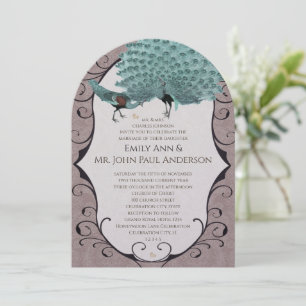 Perfect Pair Teal & Mink Damask Peacock Invitation