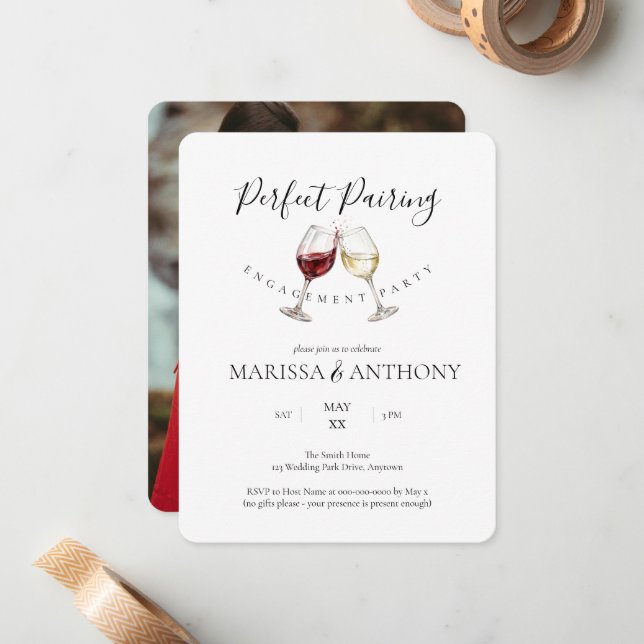 Perfect Pairing Wine Glass Theme Engagement Party Note Card (Front/Back In Situ)