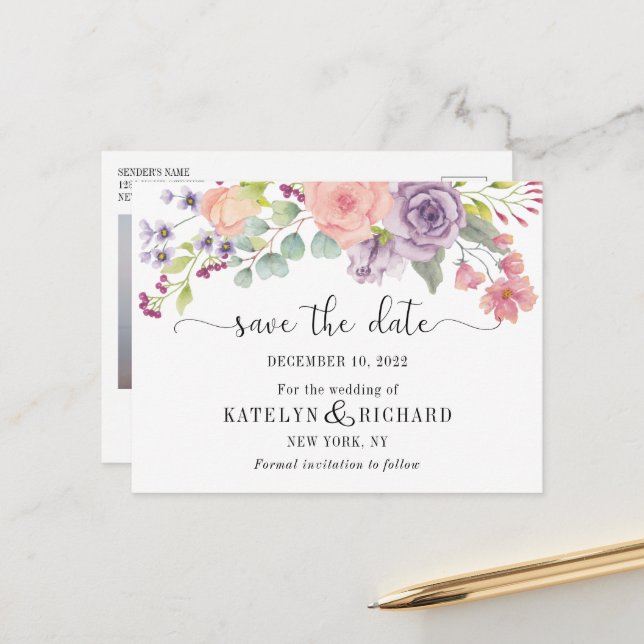 Perfect pastels floral Save the Date Postcard (Front/Back In Situ)