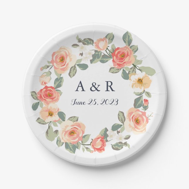 Perfect Peach Floral Wedding Paper Plates (Front)