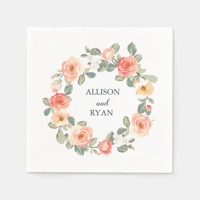 Perfect Peach Floral Wedding Reception Napkins (Front)