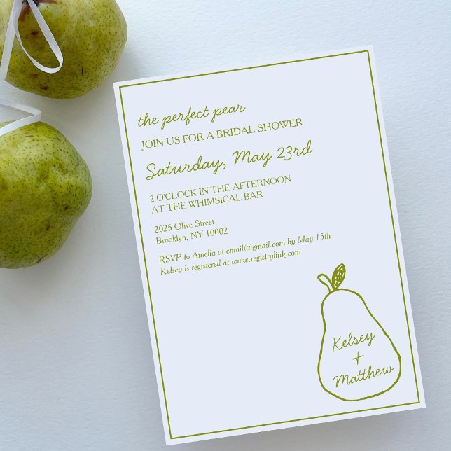 "Perfect Pear" Whimsical Hand Drawn Bridal Shower Invitation (Creator Uploaded)