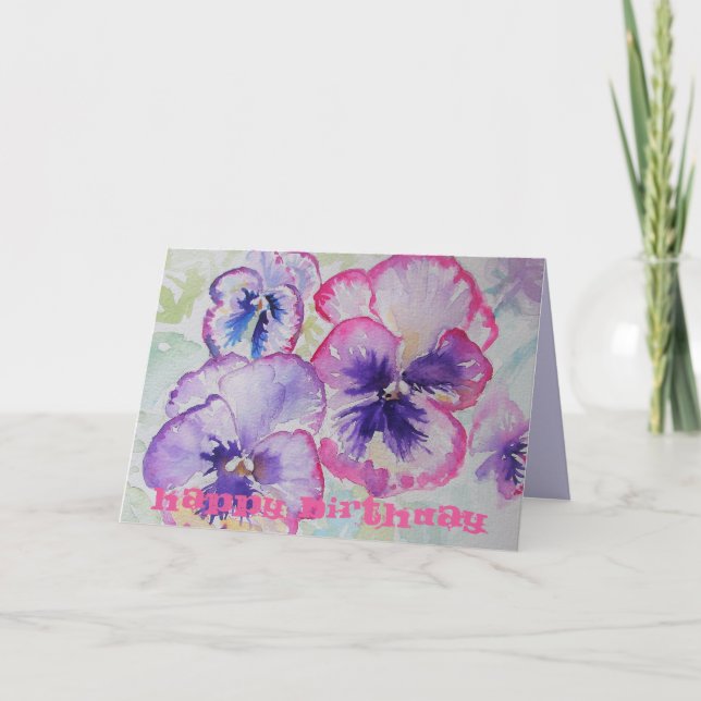 Perfect Pink Pansies Watercolour art Birthday Card (Front)