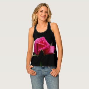 Perfect Pink Rose Bloom on Black Tank Top