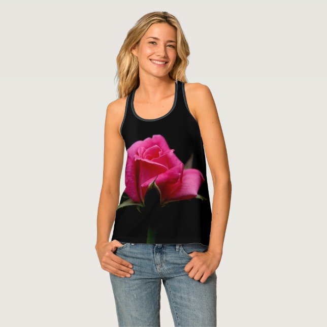 Perfect Pink Rose Bloom on Black Tank Top (Front Full)