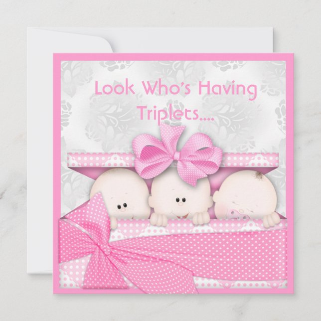 PERFECT PINK TRIPLETS GIRLS BABY SHOWER INVITATION (Front)