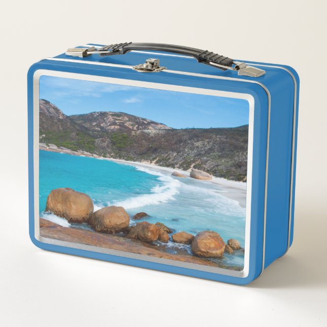 Perfect pristine white beach and blue ocean metal lunch box (Front)
